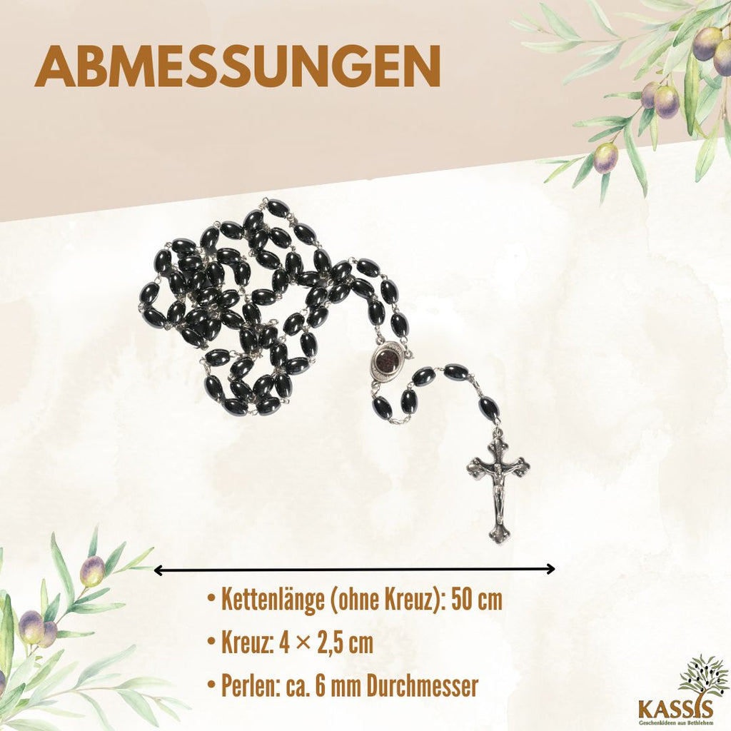 Rosenkranz mit ovalen Hämatitperlen (53 cm) | Gebetskette mit Metallkreuz, Geschenk zur Taufe, Kommunion & Firmung-2