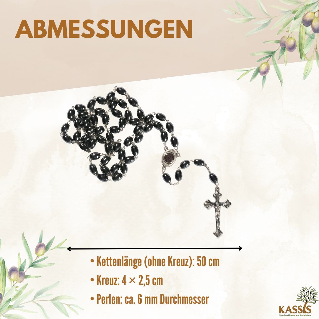 Rosenkranz mit ovalen Hämatitperlen (53 cm) | Gebetskette mit Metallkreuz, Geschenk zur Taufe, Kommunion & Firmung-2