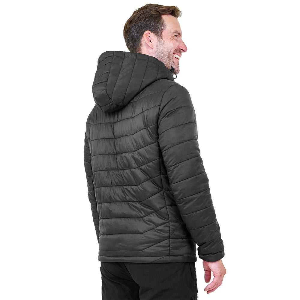 Unisex black polar fleece heated jacket with removable hood, multiple pockets, and 12V battery pack — view 3