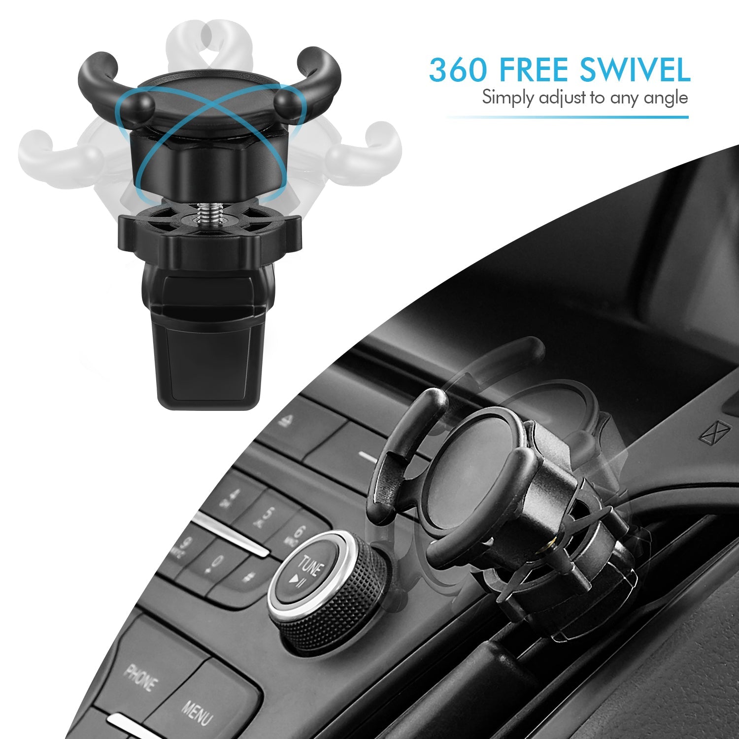 Air vent car phone mount securing a smartphone with an adjustable 360-degree rotating holder — view 4