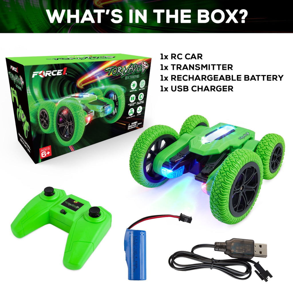 Force1 Tornado Extreme remote control car in green with rugged off-road rubber tires and bright LEDs — view 4