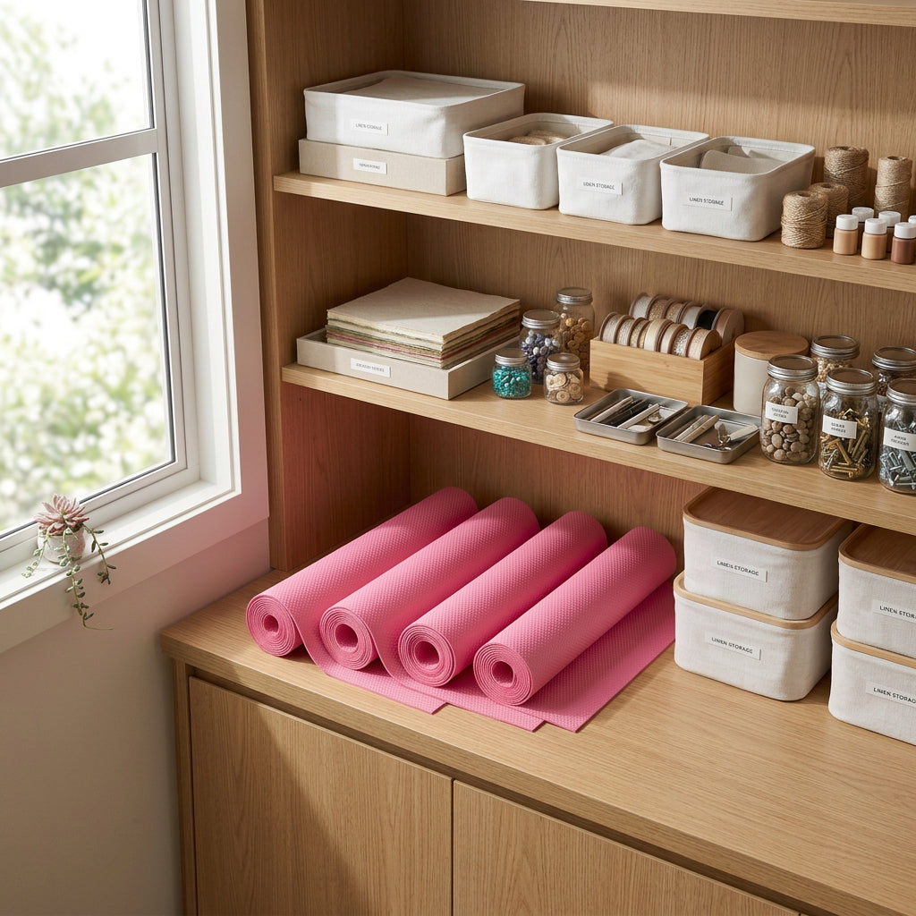 Pink EVA cabinet shelf liner mat roll with non-slip texture for kitchen drawer organization — view 4