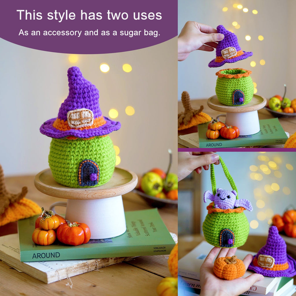 Halloween amigurumi DIY crochet kit featuring a completed miniature witch house, flying bat, and pumpkin — view 3