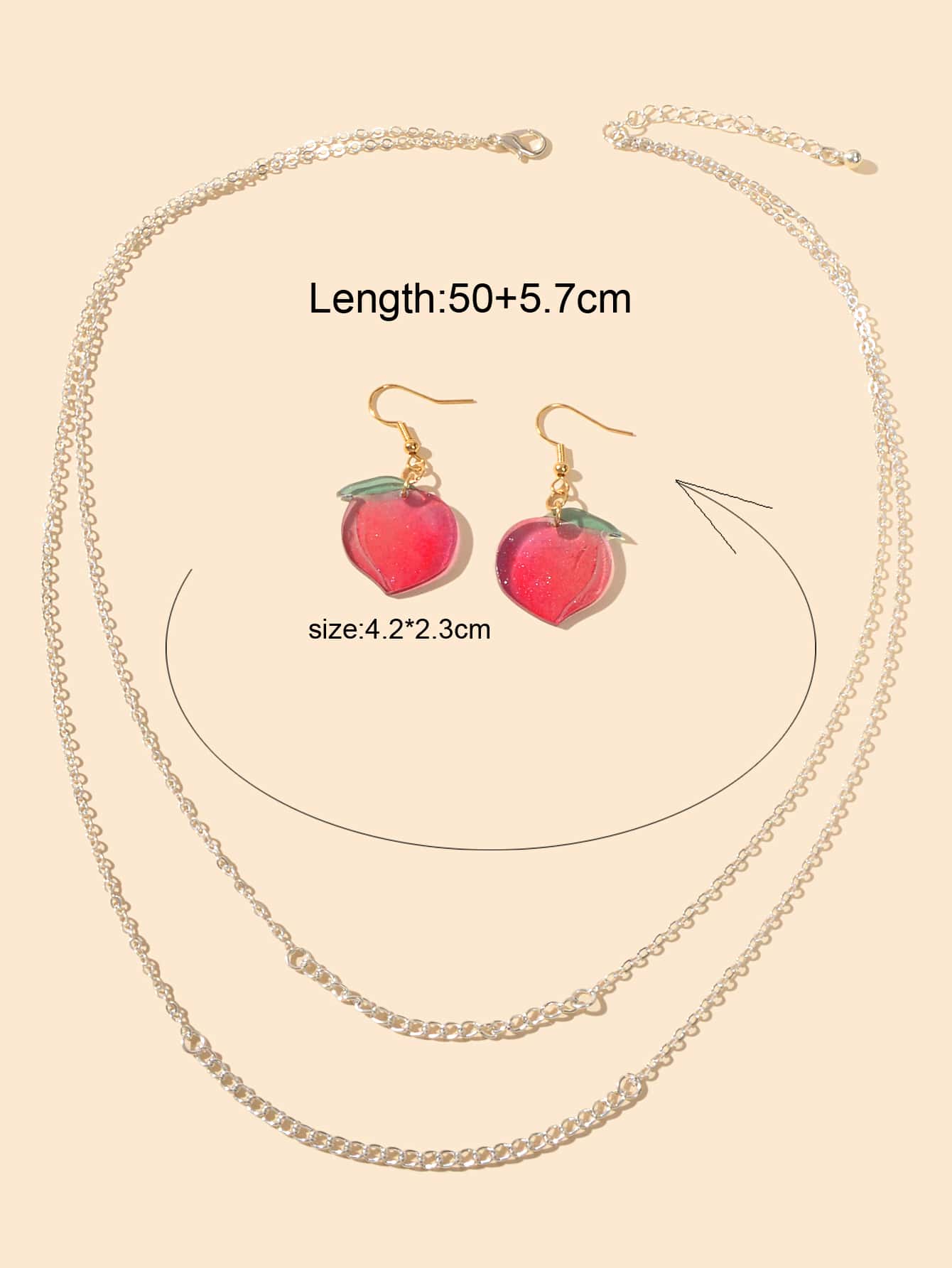 Silver double layer chain necklace and matching pink resin peach dangle earrings jewelry set — view 3