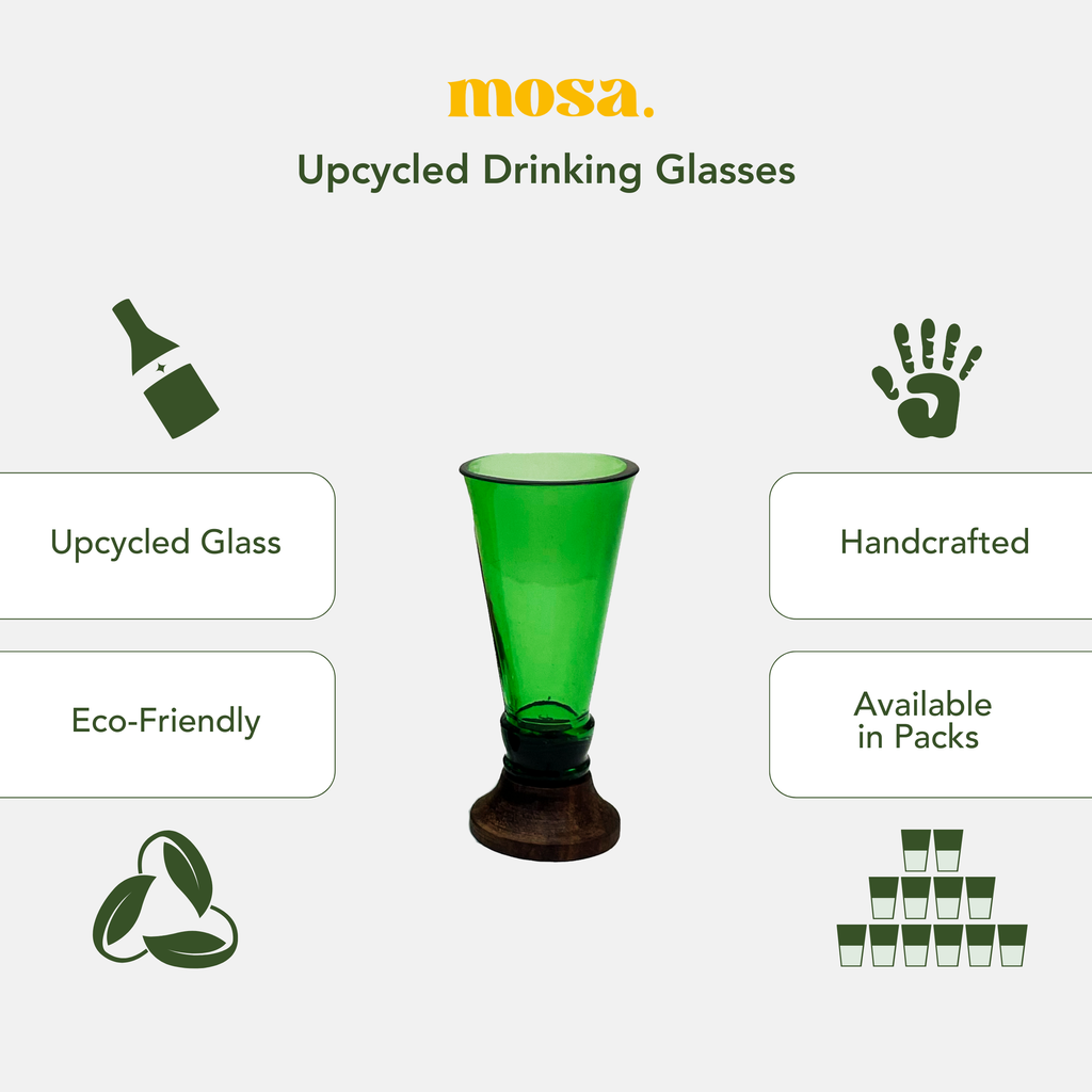 Green shot glasses made from upcycled glass bottles arranged neatly for a party setting — view 4