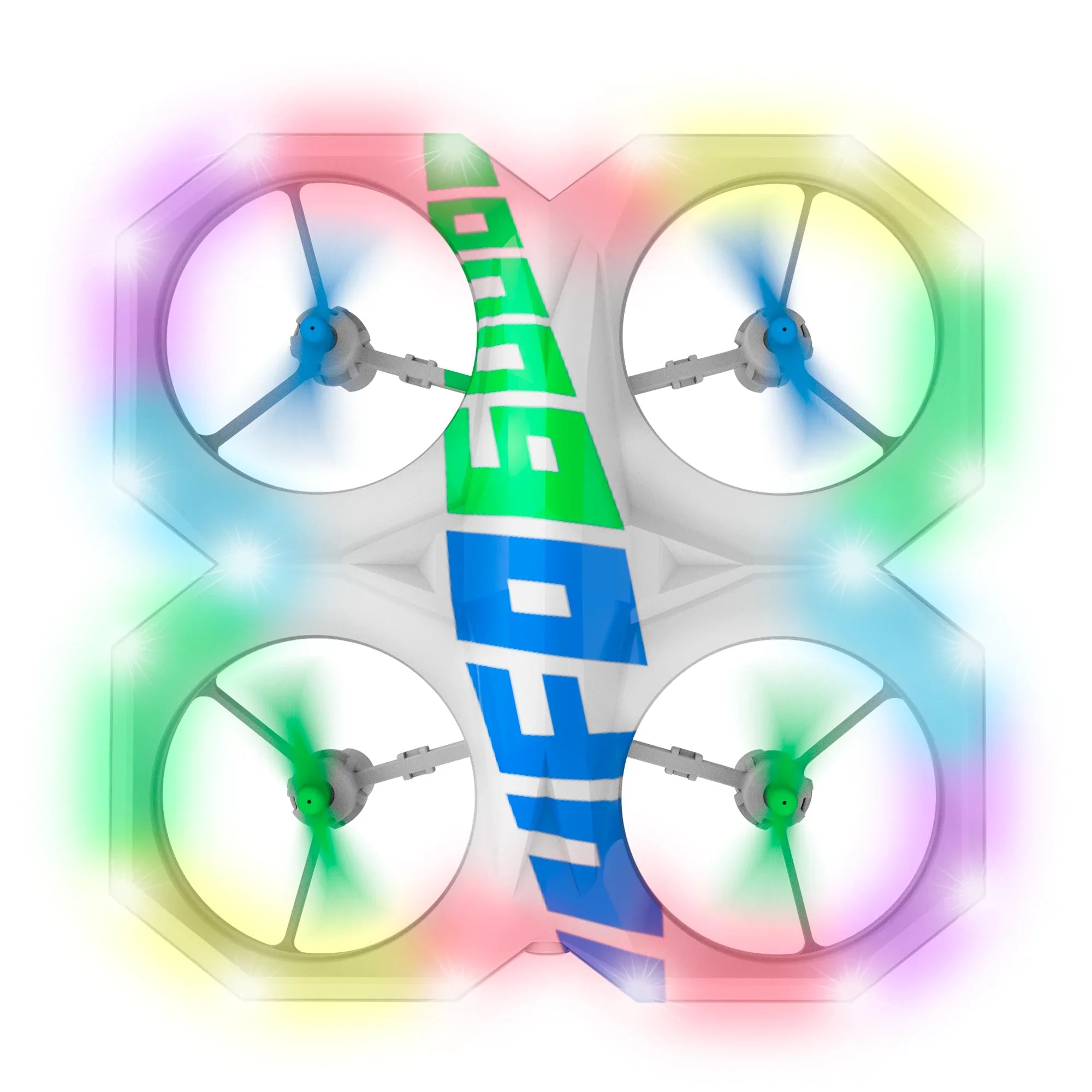 Mini RC stunt aerial drone with glowing multicolor LED propeller guards and compact remote control — view 4