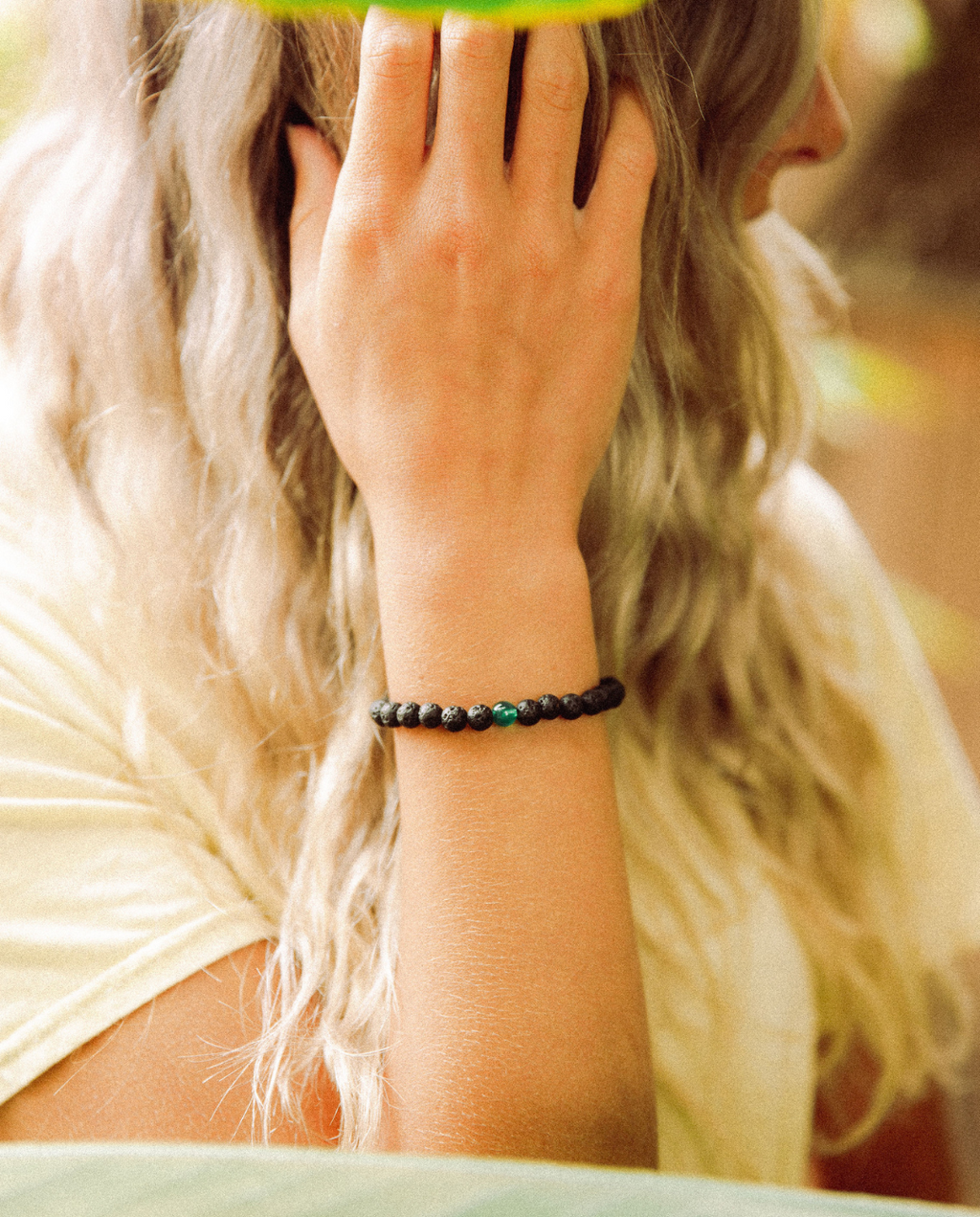 Earth Bracelet with black volcanic stone beads and a central agate gemstone for men and women — view 4