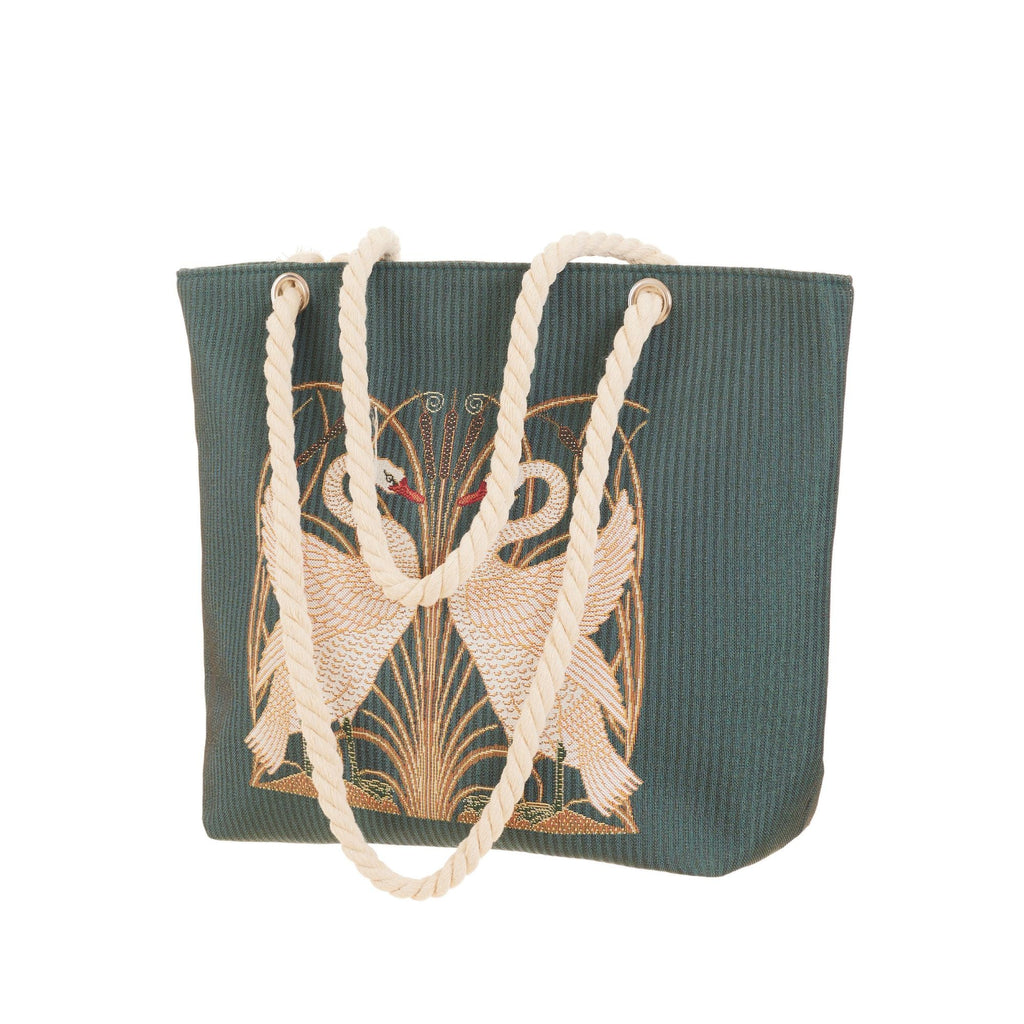 Woven tapestry rope tote bag featuring an elegant Walter Crane swan and botanical art design — view 5