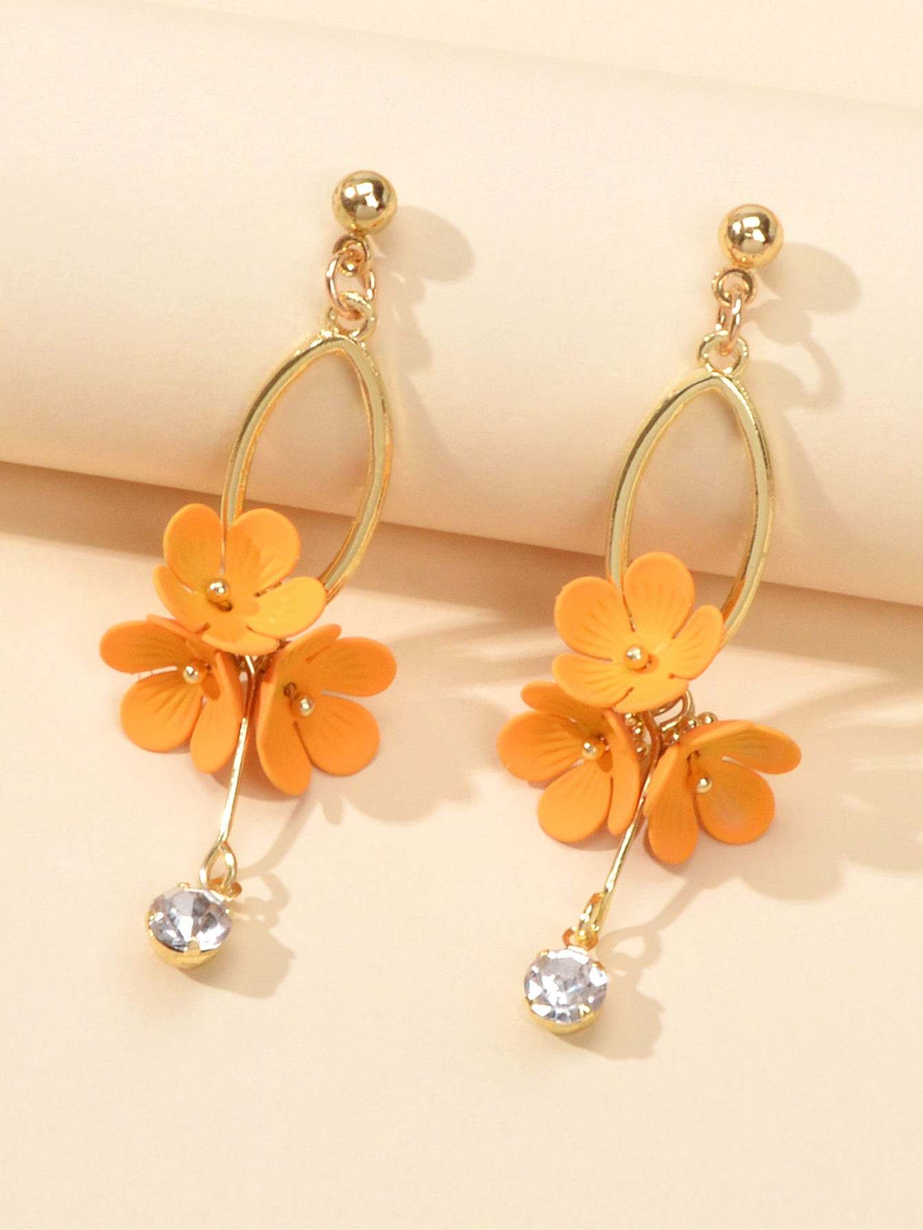 Orange rhinestone charm dangle earrings with gold tone finish for women's party decoration — view 3