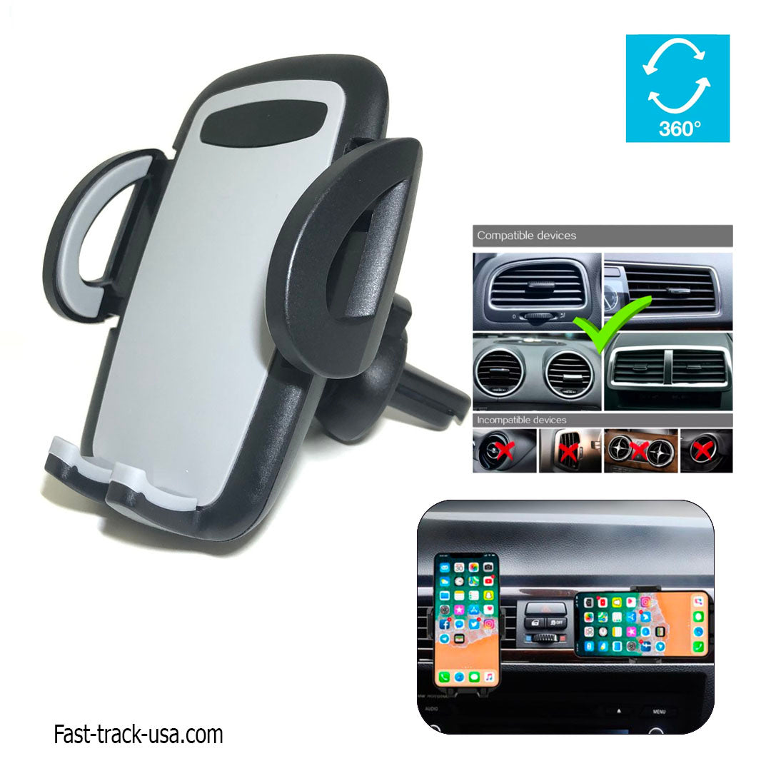 Black universal car air vent phone mount holder with adjustable cradle and secure clip — view 2
