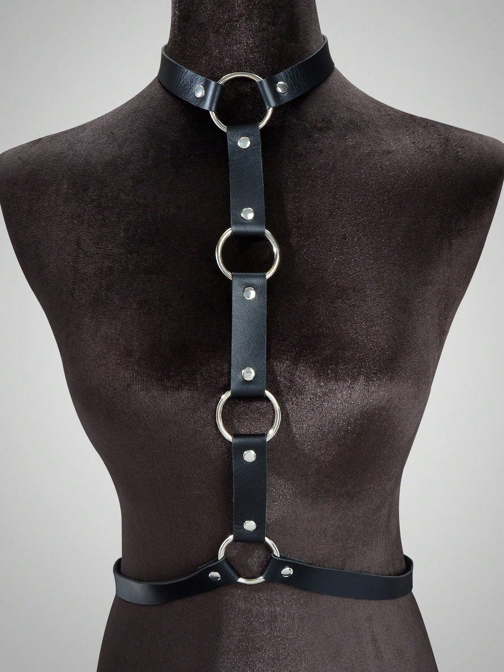 Black PU leather body harness with silver waist chains and adjustable buckles for rave and nightclub — view 4