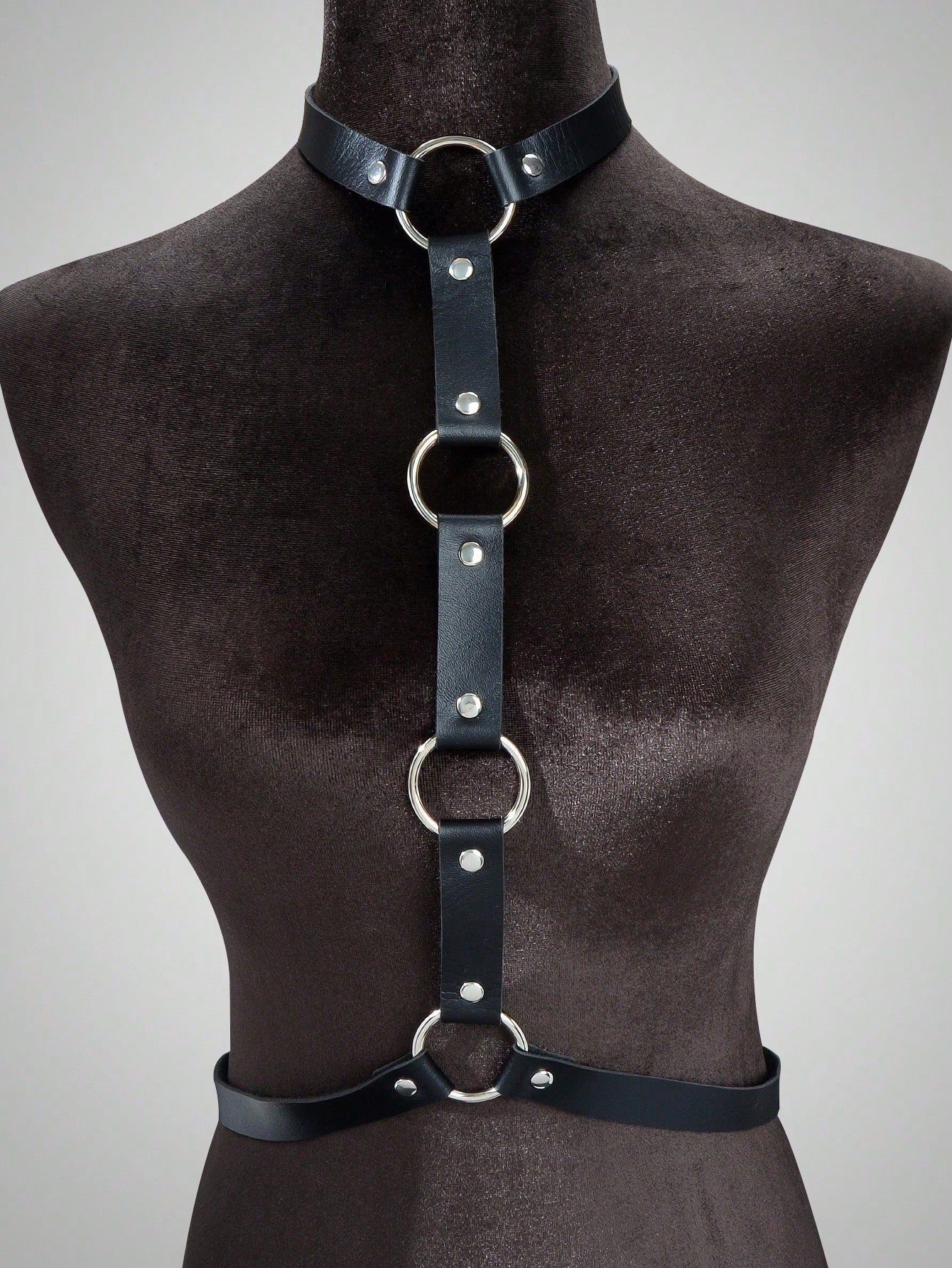 Black PU leather body harness with silver waist chains and adjustable buckles for rave and nightclub — view 4