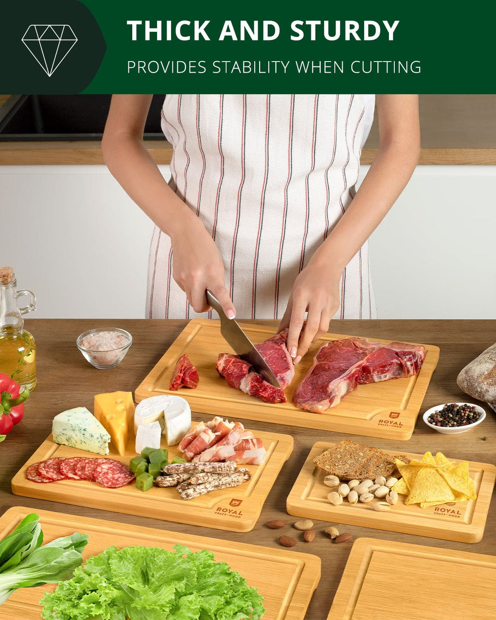 Bamboo cutting board set of five rectangular wooden chopping blocks with built-in juice grooves. — view 4