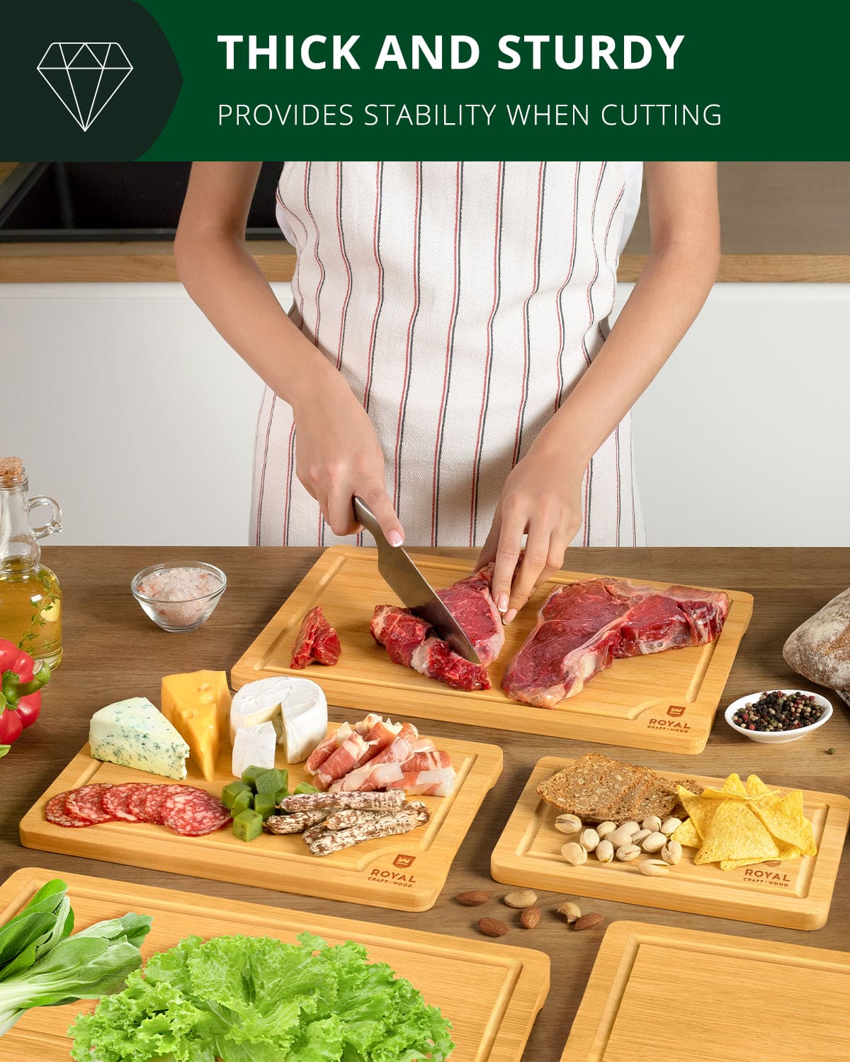 Bamboo cutting board set of five rectangular wooden chopping blocks with built-in juice grooves. — view 4