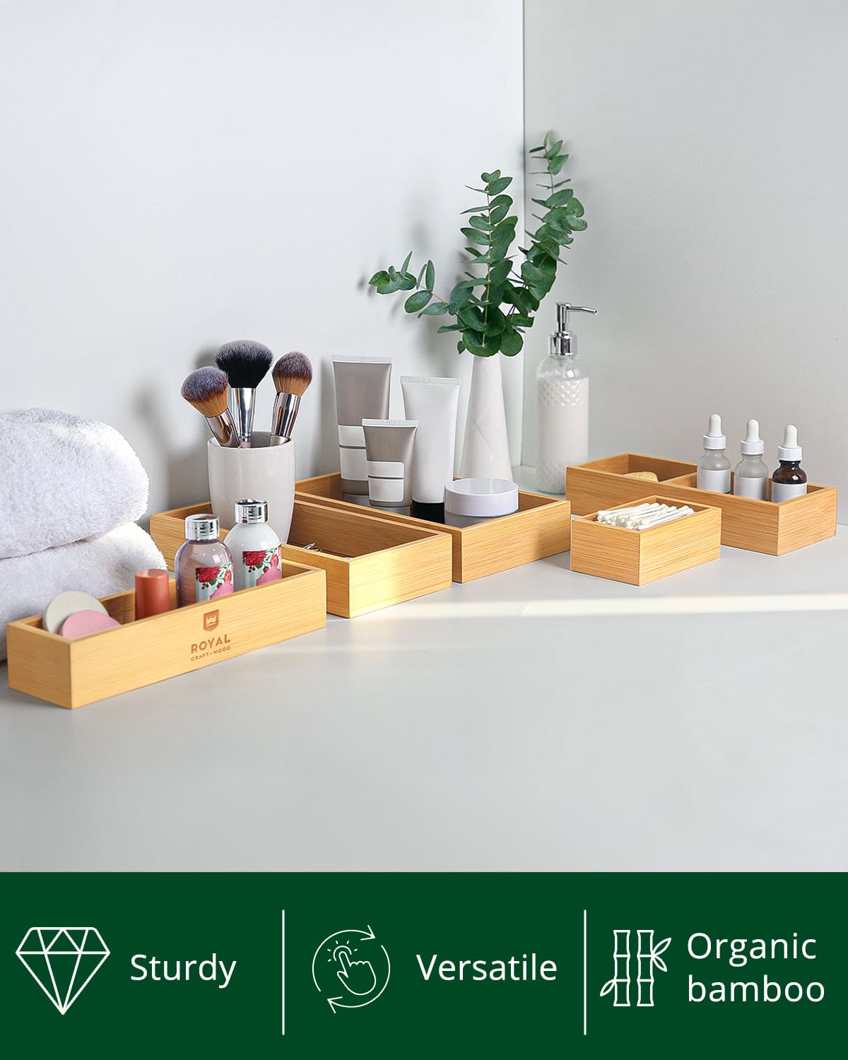 Set of five natural light wood storage boxes and drawer dividers arranged on a flat surface — view 4