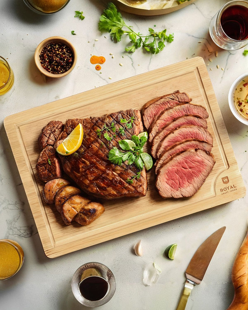 Large rectangular wooden cutting board with juice groove in natural light burlywood finish. — view 3