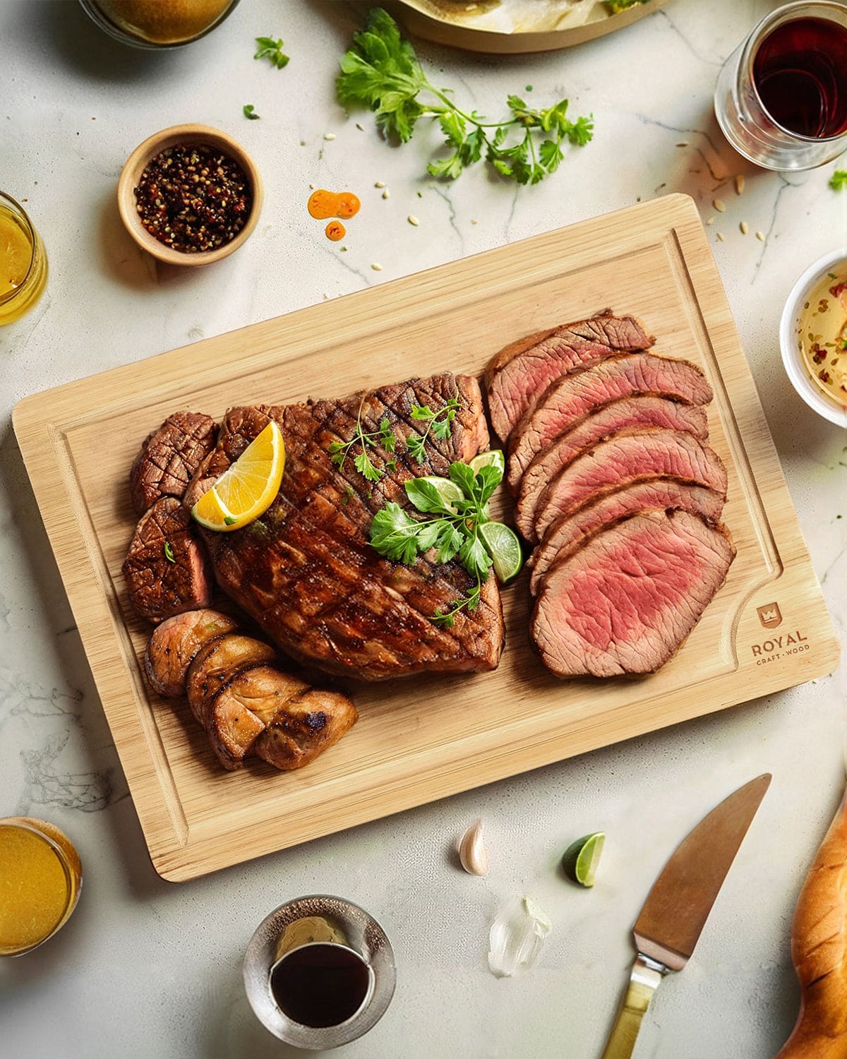 Large rectangular wooden cutting board with juice groove in natural light burlywood finish. — view 3