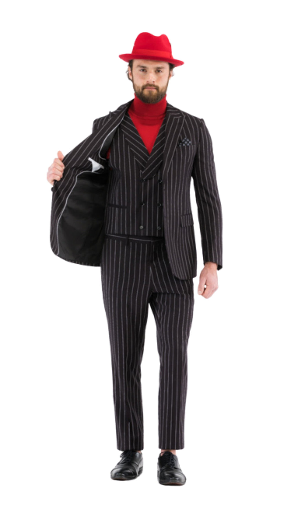 Bellagio Black White Mens 2 Button Slim Peak Lapel Suit With Pick Stitching Ticket Pocket Double Breasted Vest With Shawl Lapel-4