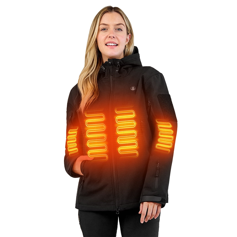 Women's heated winter jacket, water-resistant soft shell coat with hood in solid dark color — view 5