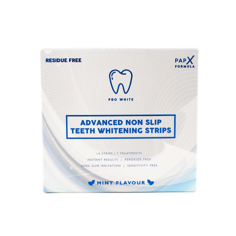 PAP-X advanced non-slip teeth whitening strips kit with shade guide on a clean background