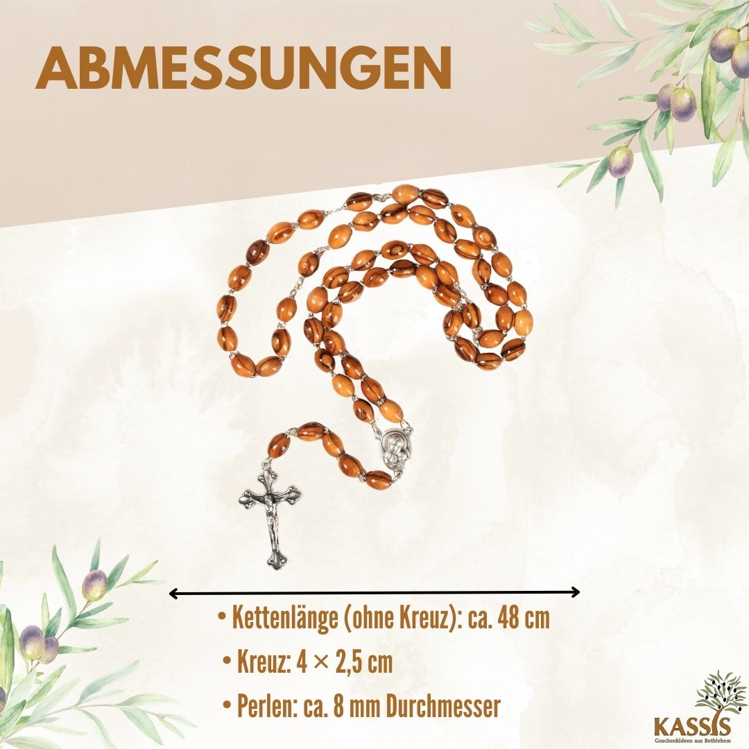 Rosenkranz mit ovalen Olivenholz-Perlen und Elementen aus Metall & Erde | Gebetskette mit Kreuz als Geschenk zur Taufe, Kommunion & Firmung-2
