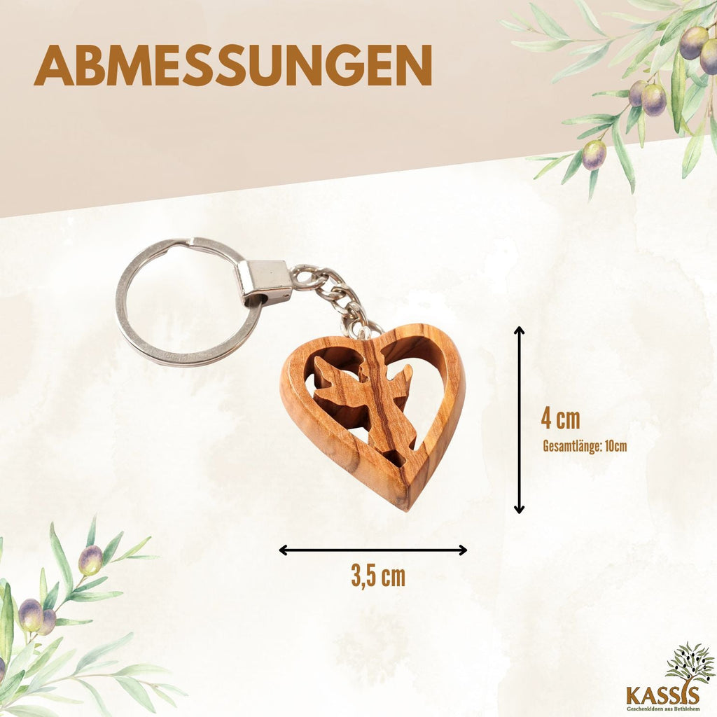 Handcrafted olive wood heart keychain featuring a carved guardian angel on a sturdy metal keyring — view 3