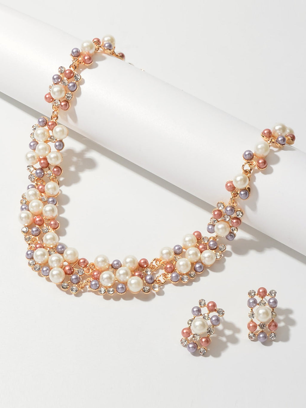 Luxurious rhinestone and pearl collar necklace with matching stud earrings set for formal engagement events. — view 3