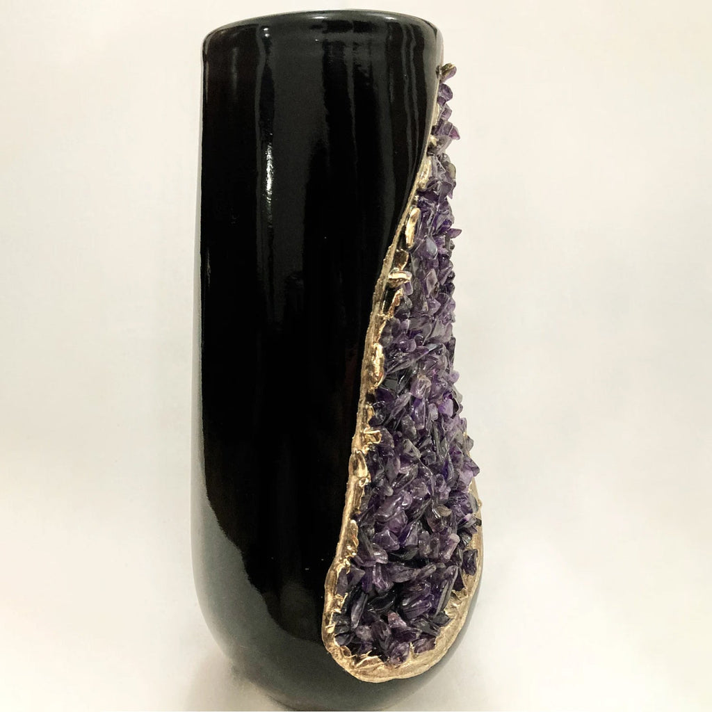 Set of two black ceramic vases featuring electroplated details and natural agate crystal stone accents — view 3