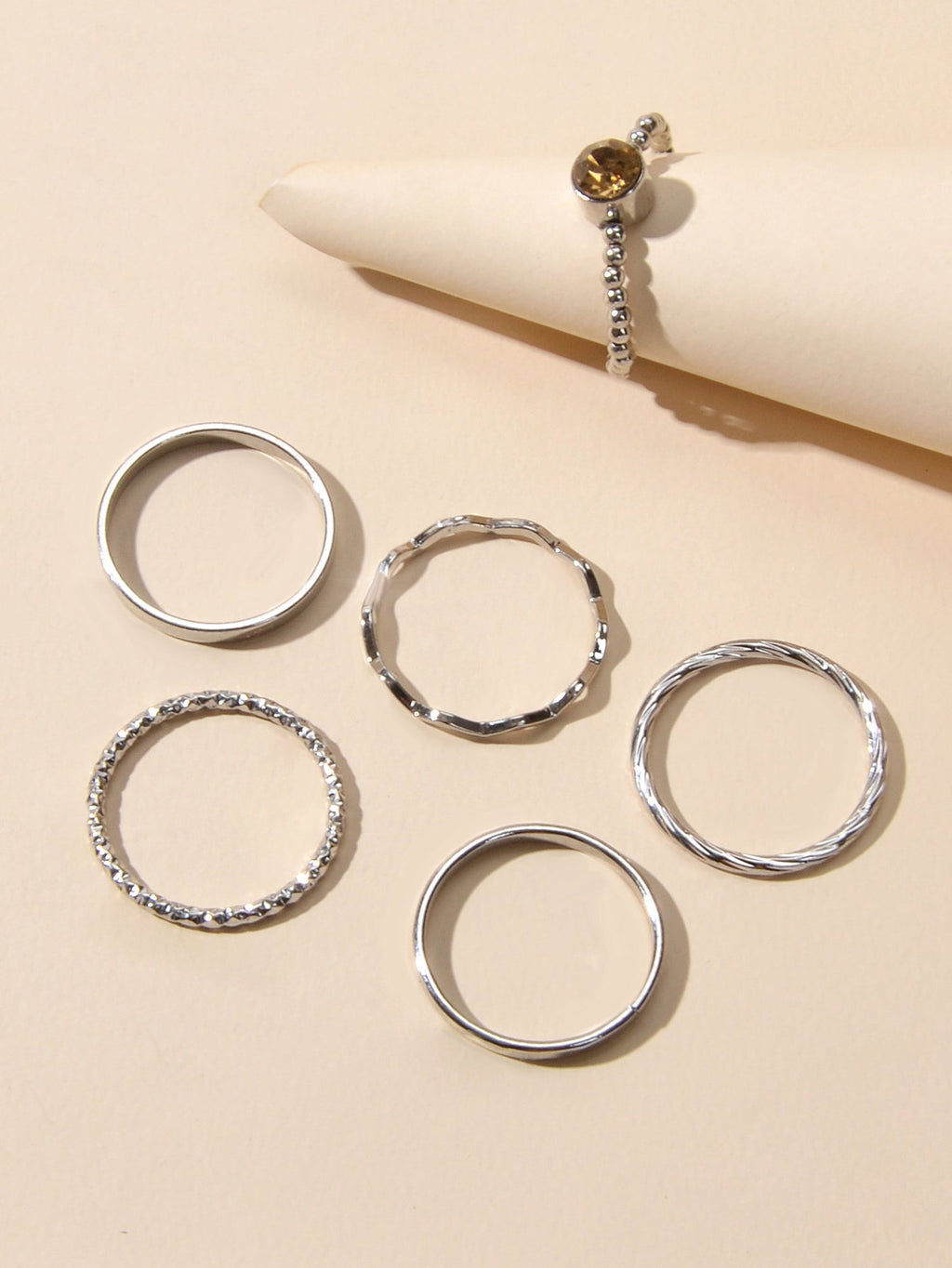 Six piece stackable silver tone rhinestone ring set in assorted sizes for women — view 3
