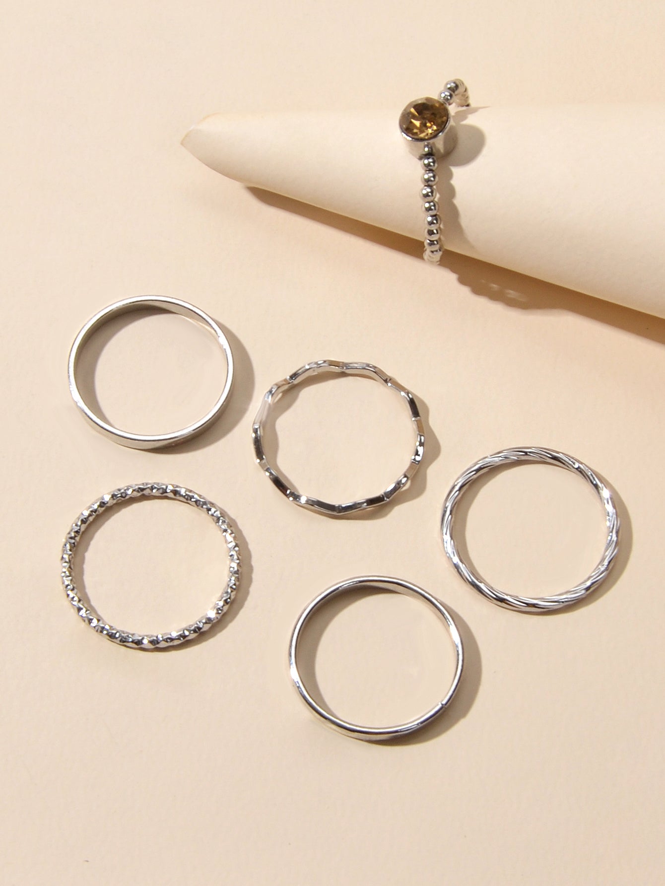 Six piece stackable silver tone rhinestone ring set in assorted sizes for women — view 3