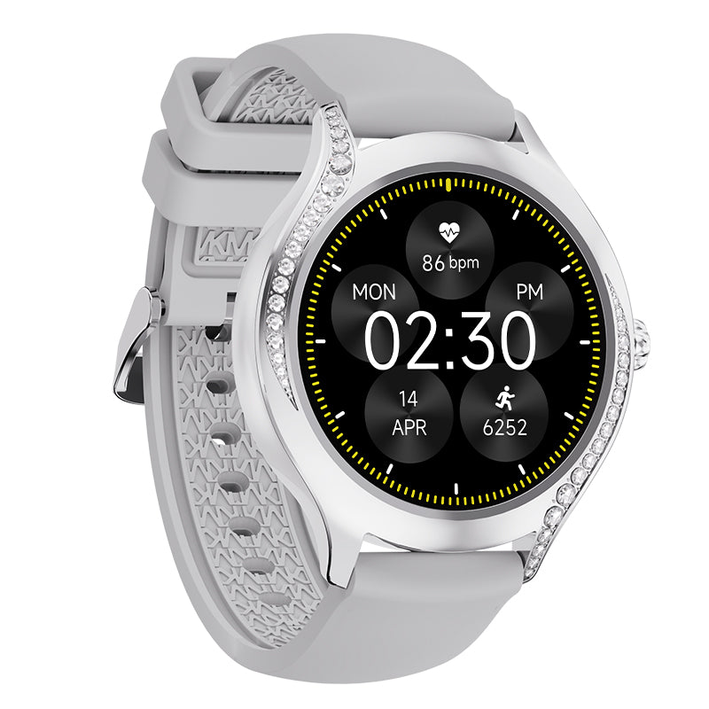 Women's fashion smart watch with diamond bezel, displaying digital fitness tracking face and elegant wristband — view 5