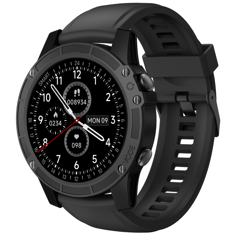 Black rugged sport smartwatch with touchscreen display showing a digital watch face and fitness metrics — view 4