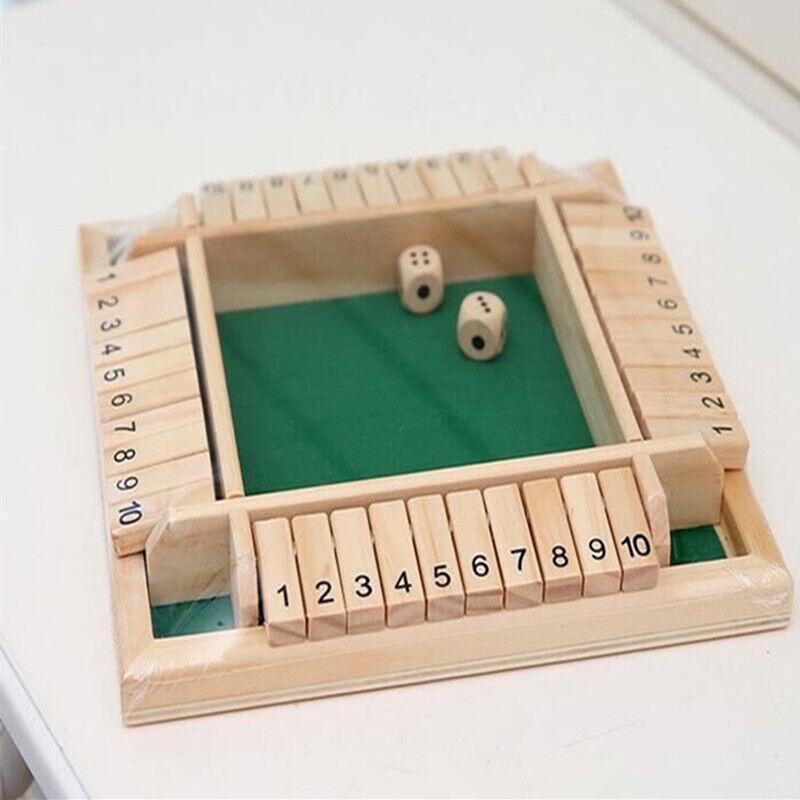 Classic wooden Shut The Box board game with numbered flipping tiles and rolling dice — view 4