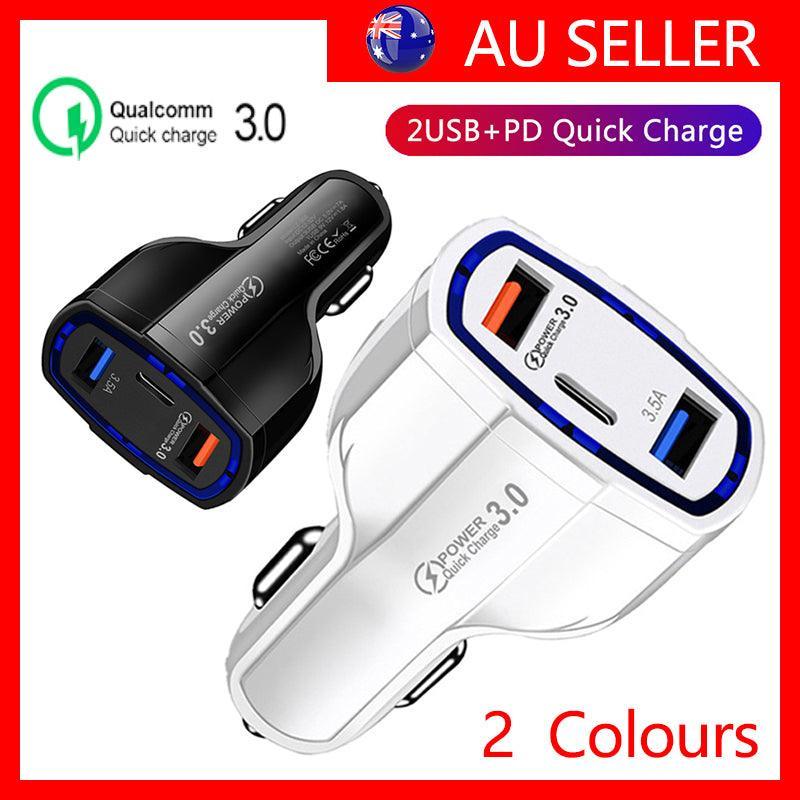3-port 36W fast car charger with Quick Charge 3.0 and night-friendly LED lights