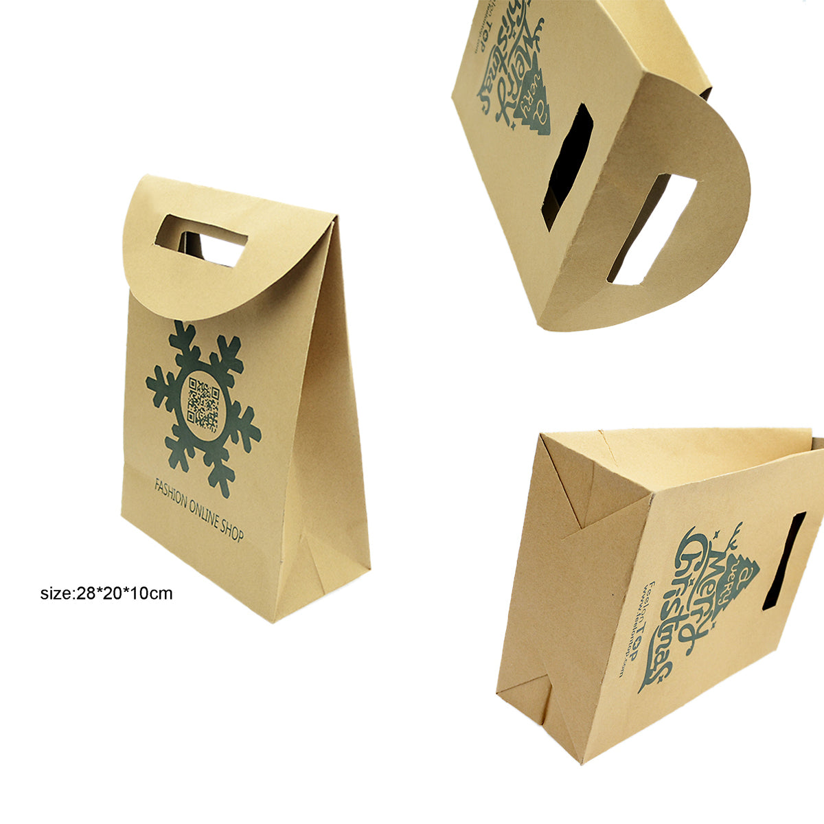 Two large brown kraft paper Christmas gift bags featuring a festive holiday pattern and handles — view 4