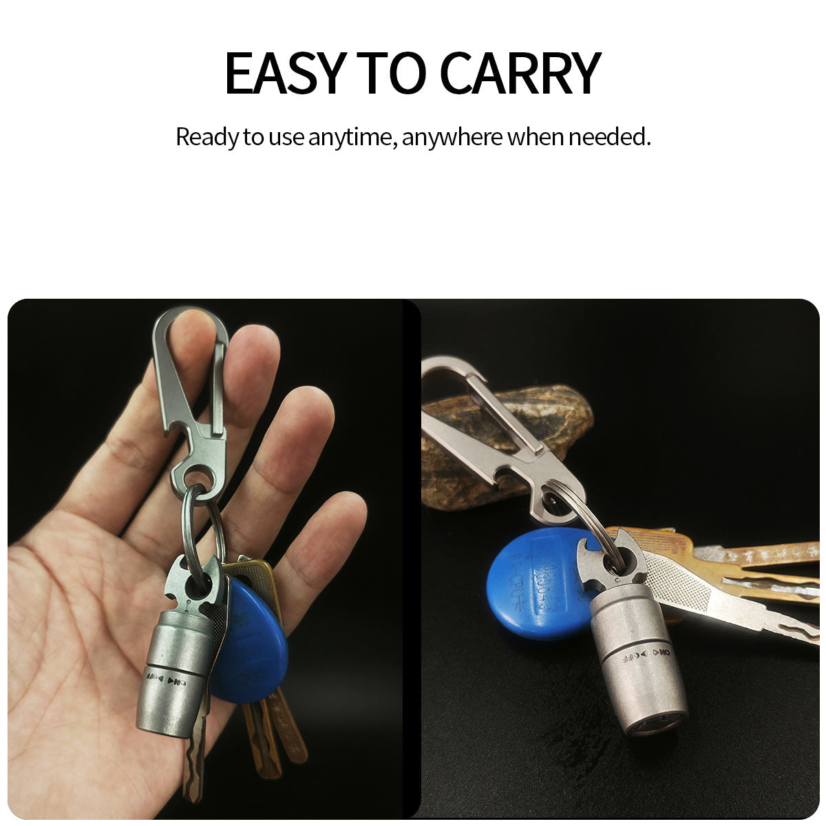 Titanium EDC keychain flashlight with integrated bottle opener attached to metal keyring on plain background — view 3