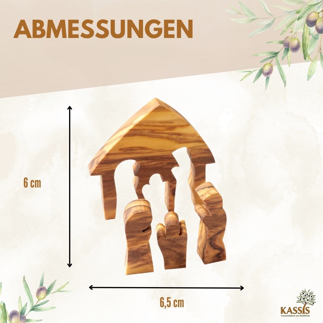 Olive wood nativity scene puzzle with carved figures of Mary, Joseph, and baby Jesus. — view 3