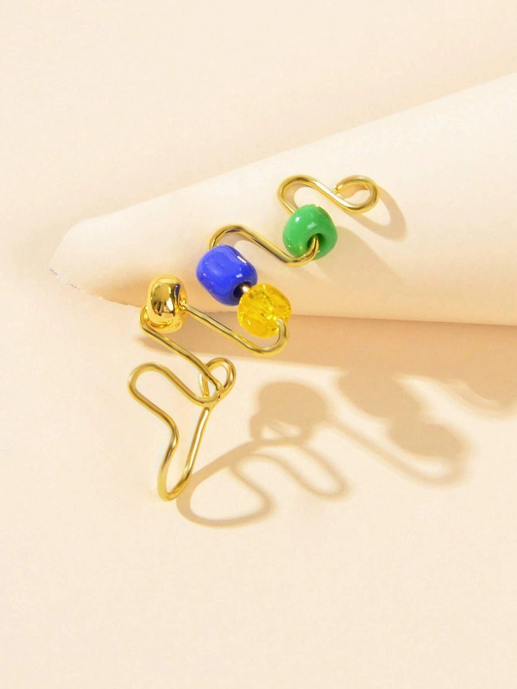 Faux spiral nose ring featuring blue and green beads for a bohemian non pierced look — view 3