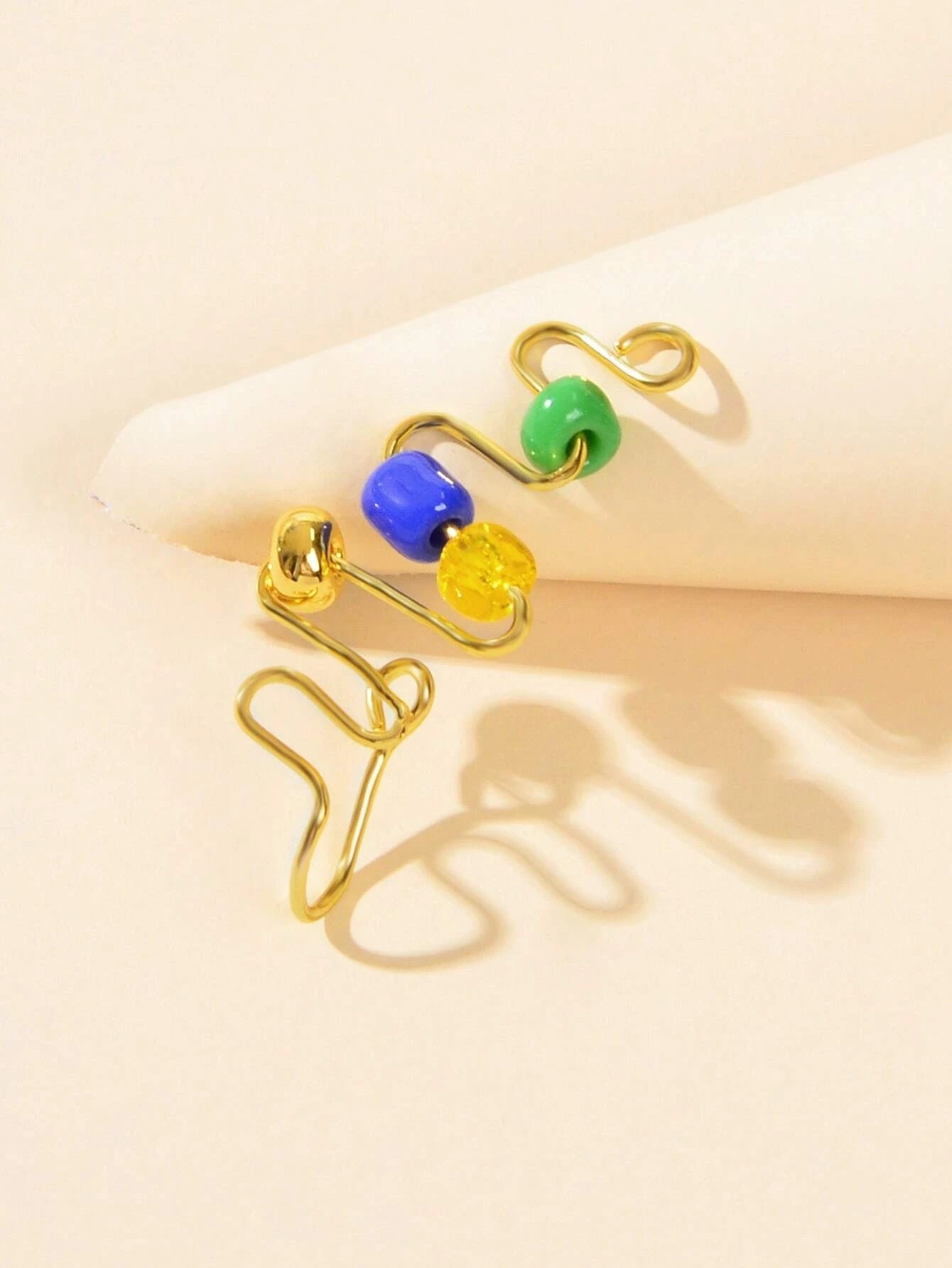 Faux spiral nose ring featuring blue and green beads for a bohemian non pierced look — view 3