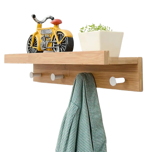 Bamboo multi-functional floating wall shelf with metal hooks displaying rustic home decor and plants. — view 3