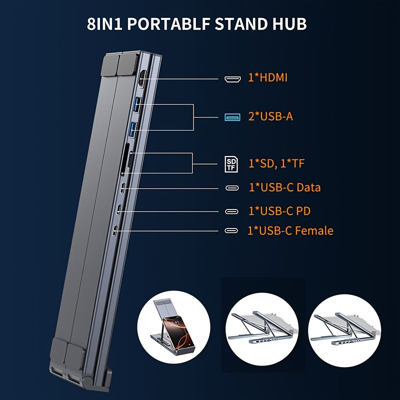 Compact 8-in-1 USB-C docking station hub with multiple ports and SD card slots for laptops — view 3