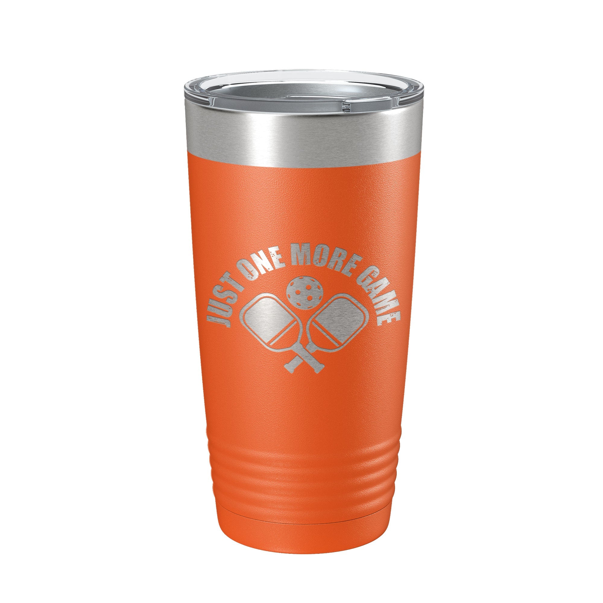 Pickleball 20oz travel tumbler in stainless steel with laser-etched design and clear sliding lid — view 5