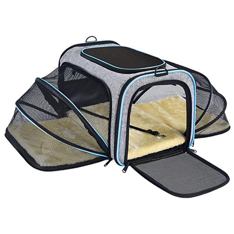 Black expandable soft-sided cat carrier with breathable mesh windows and safety reflective tape — view 4