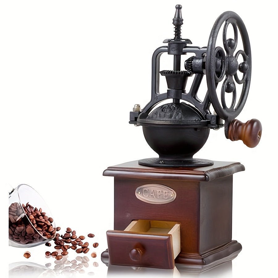 Manual coffee grinder vintage mill in black with a cast iron hand crank and wooden base — view 4
