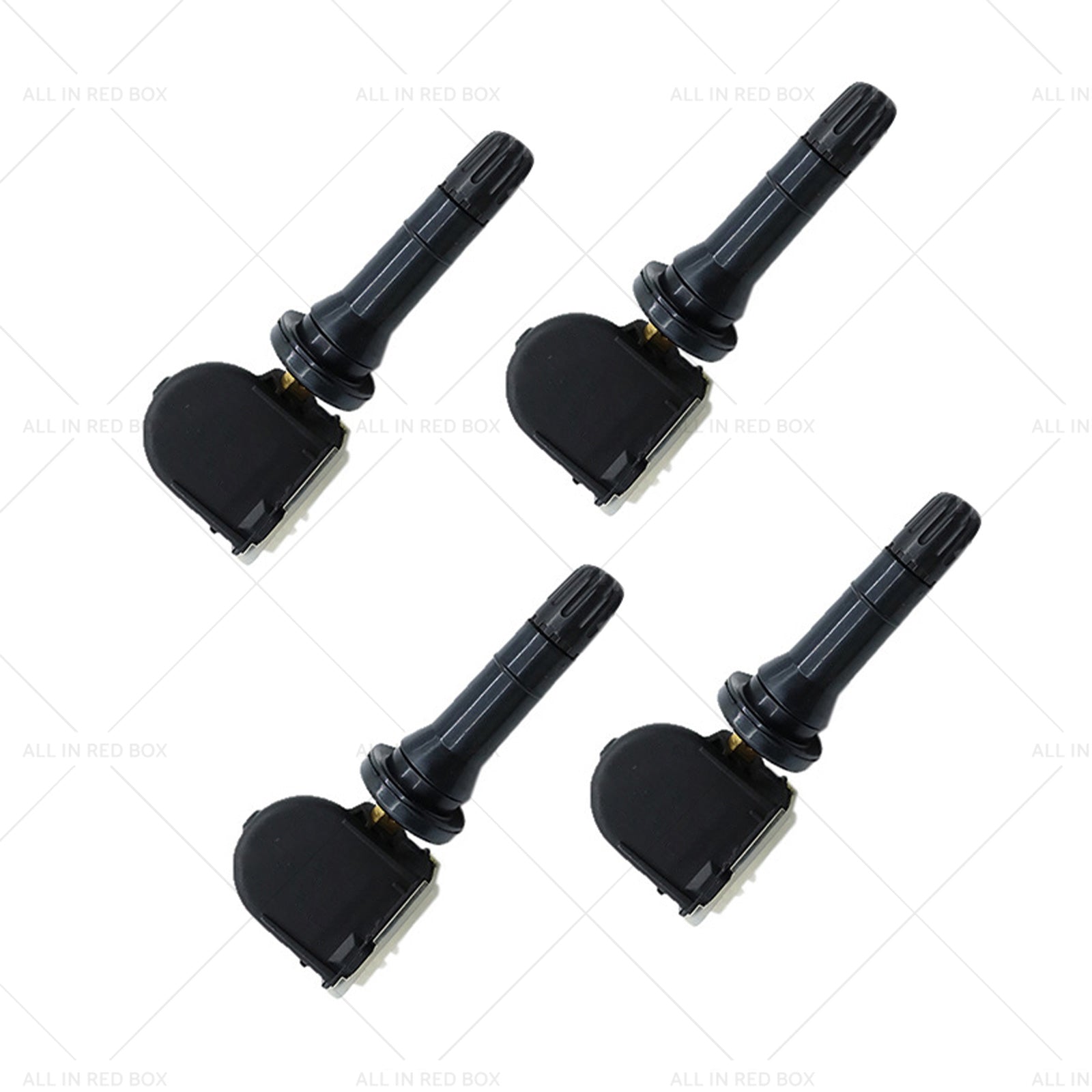 Four black metal and plastic tire pressure monitoring sensors for vehicle wheels — view 3
