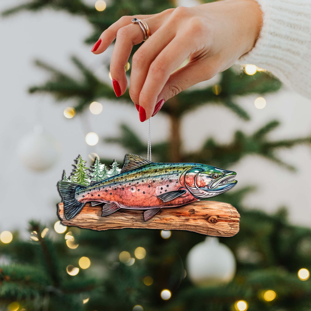 Sockeye salmon wooden ornament crafted from birch plywood with detailed wildlife artwork for holiday trees — view 4