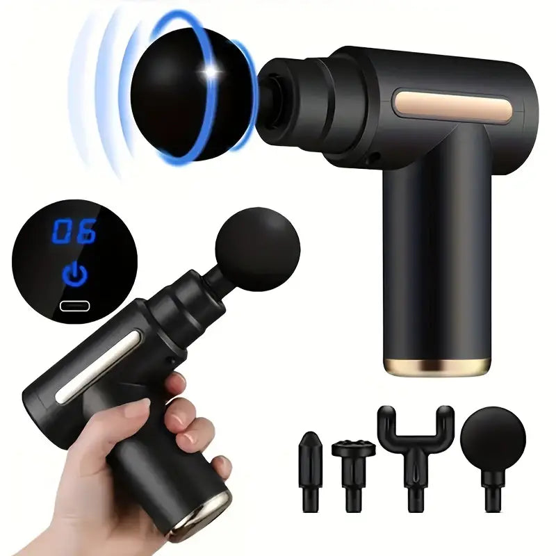 Black ultra-compact rechargeable deep tissue massage gun designed for targeted muscle recovery