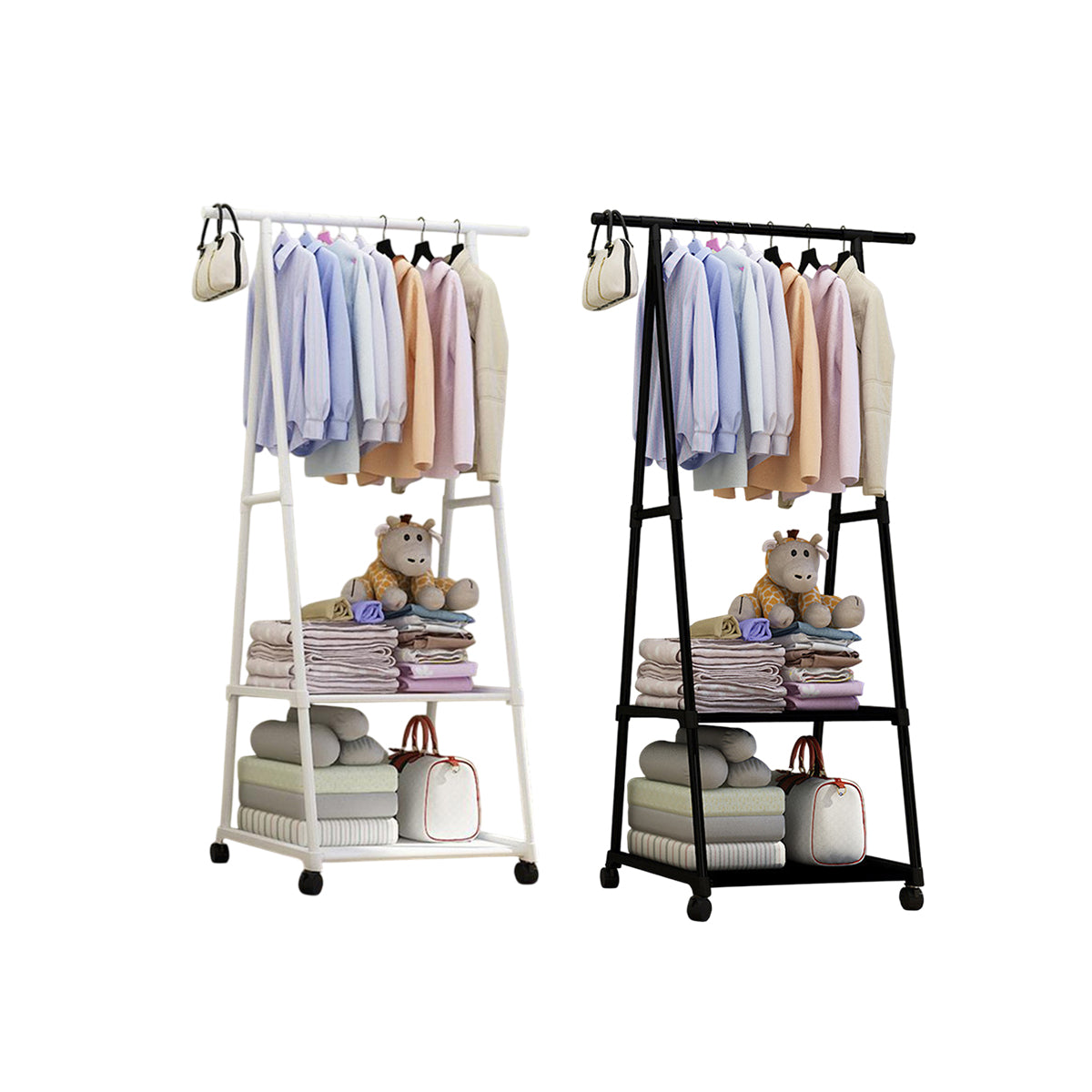 Triangle metal coat rack with hanging rod and bottom shelves in black and white finish — view 2