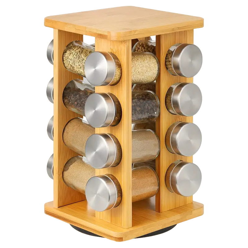 Burlywood natural bamboo revolving 16-jar spice rack organizer for kitchen countertops