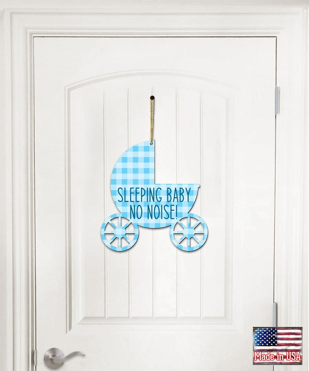 Handcrafted sleeping baby carriage doorbell sign with rustic hanging rope for front doors and nurseries — view 5